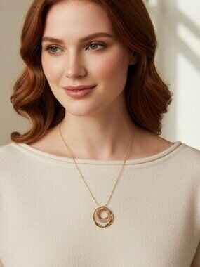 Gold Tone Necklace 22 Inch Modern Sculptural Triple Ring Pendant